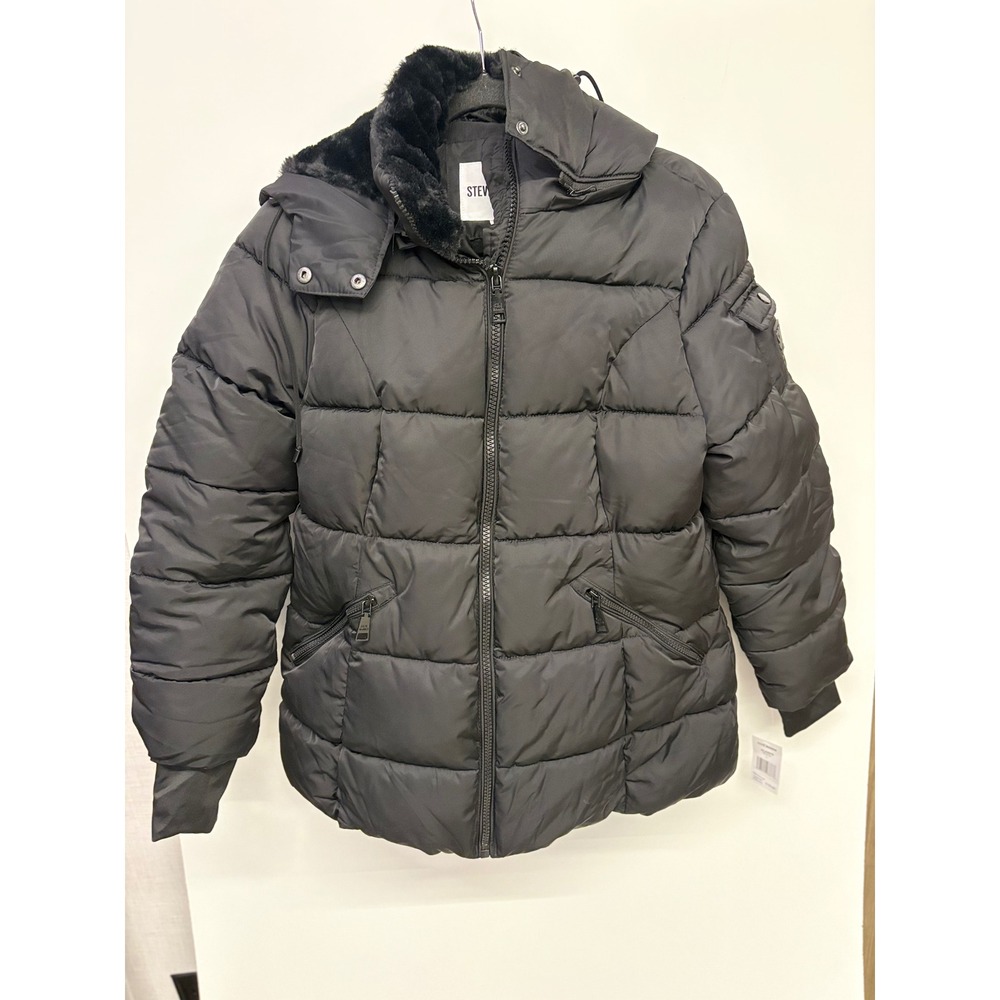 NWT Steve Madden Puffer Jacket Women L Black Faux Fur Hood OLA2018 Streetwear